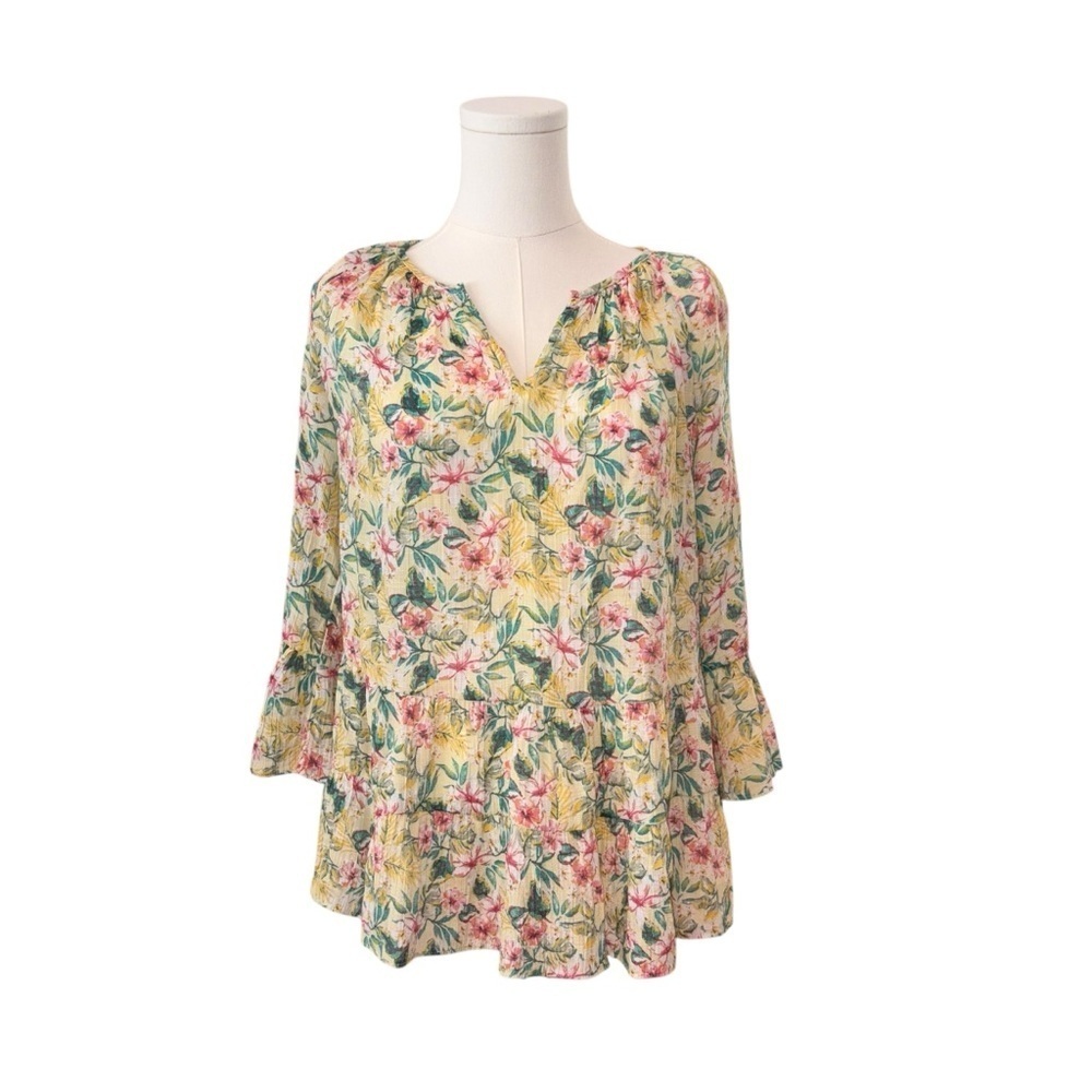 Women's Small Floral Babydoll Drop Waist Bell Sleeve Flowy Fairy Casual Blouse